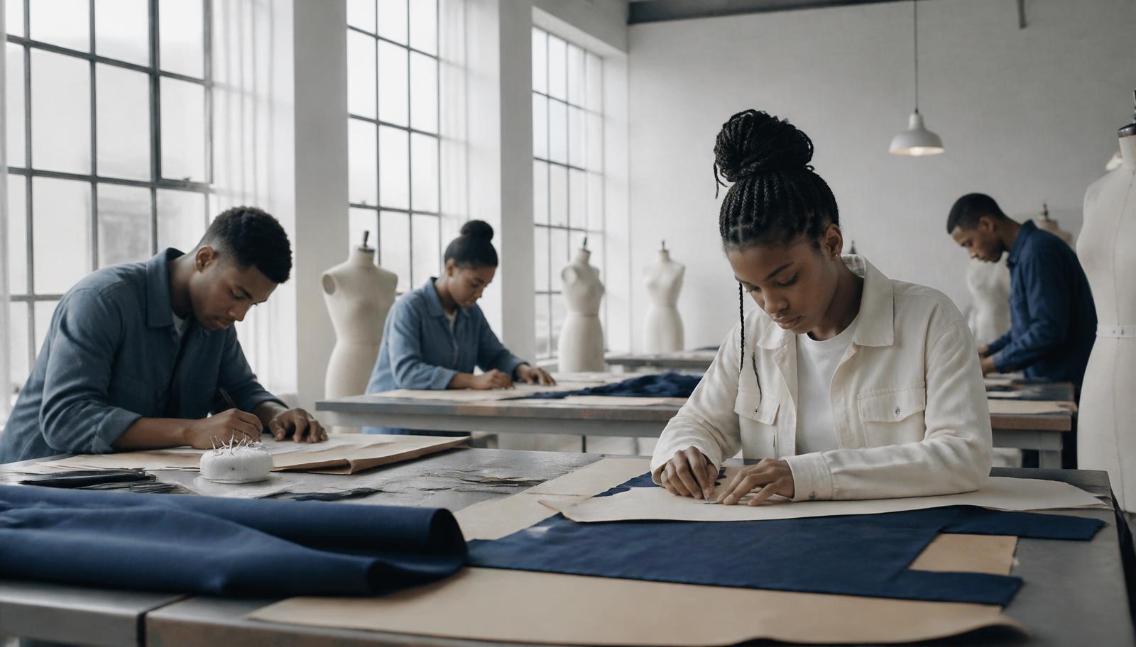 South African learners at industrial sewing machines in a training classroom