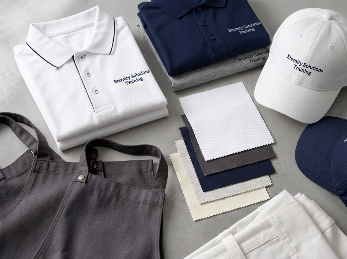Neatly folded corporate uniforms, aprons, caps and fabric swatches